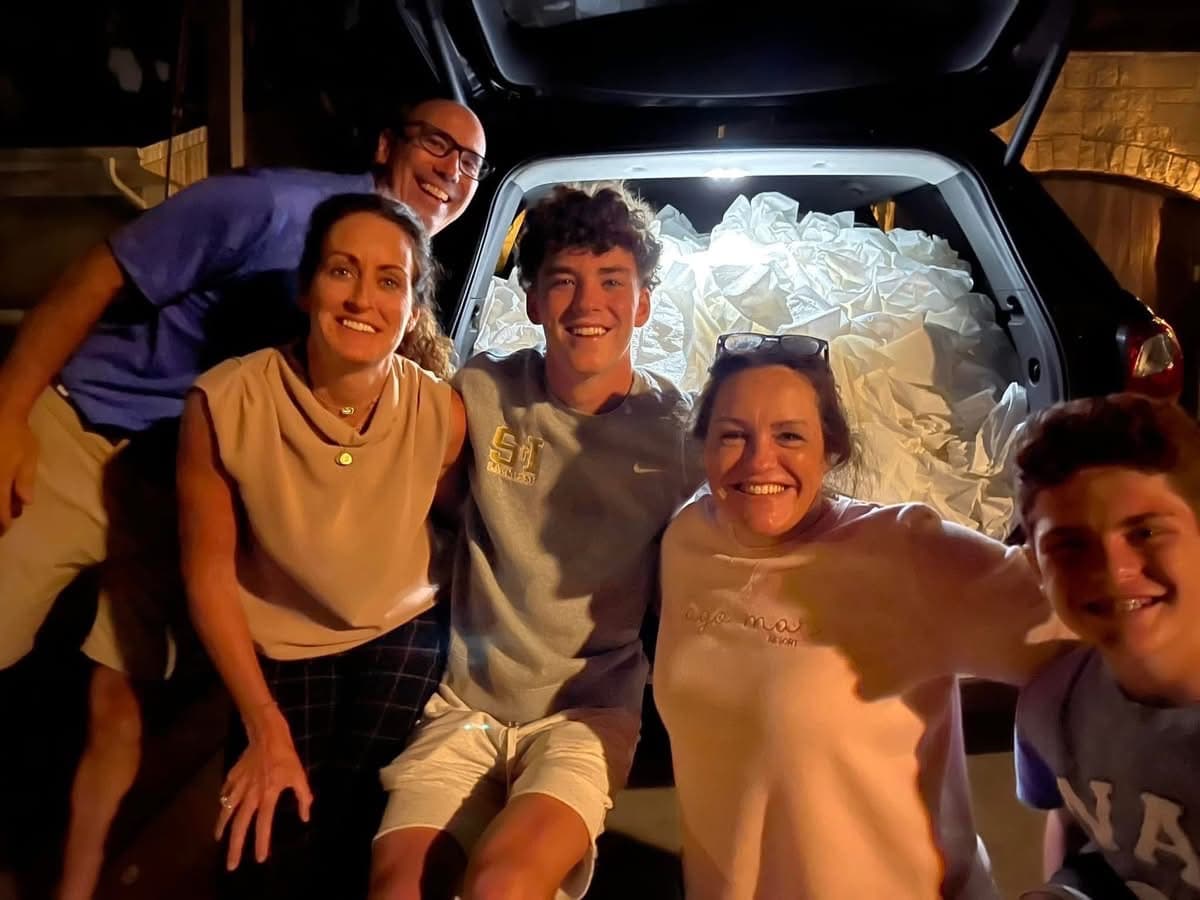 Jimmy and his family crowded into a car filled with toilet paper from the prank