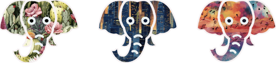 Three elephants in patterned designs