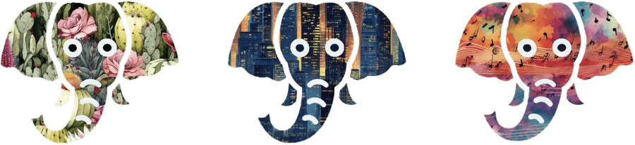 Three elephants in patterned designs